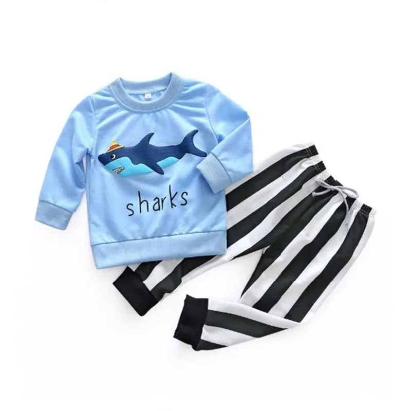 Long Sleeve Cartoon Shark Sweater Stripe Elastic Pants Outfit