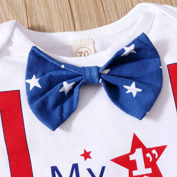 Letter Print 4th of July Onesie Short Sleeve with Bow Tie & American Flag Pattern Shorts & Beanie Hat - Image 3