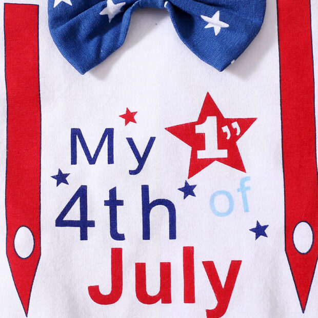 Letter Print 4th of July Onesie Short Sleeve with Bow Tie & American Flag Pattern Shorts & Beanie Hat - Image 4