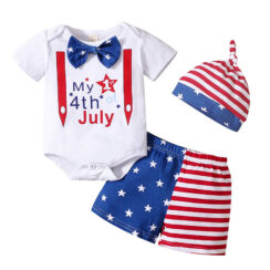 Letter Print 4th of July Onesie Short Sleeve with Bow Tie & American Flag Pattern Shorts & Beanie Hat