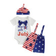 Letter Print 4th of July Onesie Short Sleeve with Bow Tie & American Flag Pattern Shorts & Beanie Hat