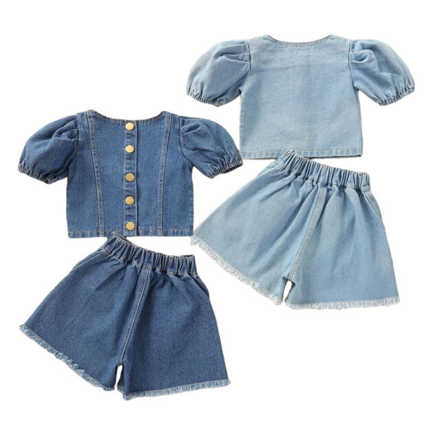 Above Waist Denim Button Shirt & Ripped Jeans Shorts Short Sleeve - Image 2