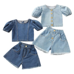 Above Waist Denim Button Shirt & Ripped Jeans Shorts Short Sleeve