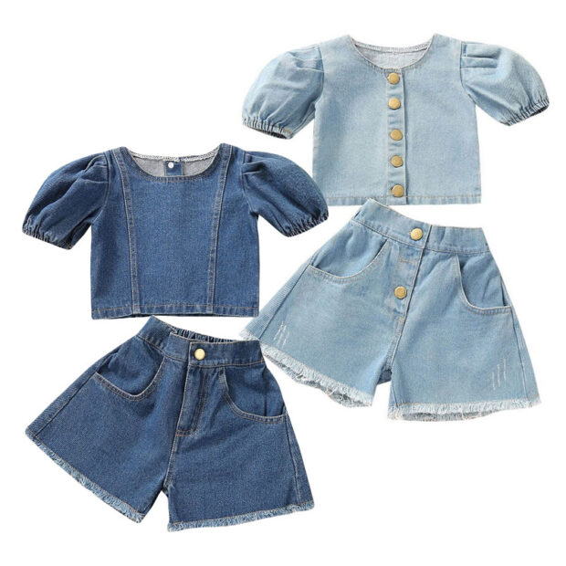 Above Waist Denim Button Shirt & Ripped Jeans Shorts Short Sleeve