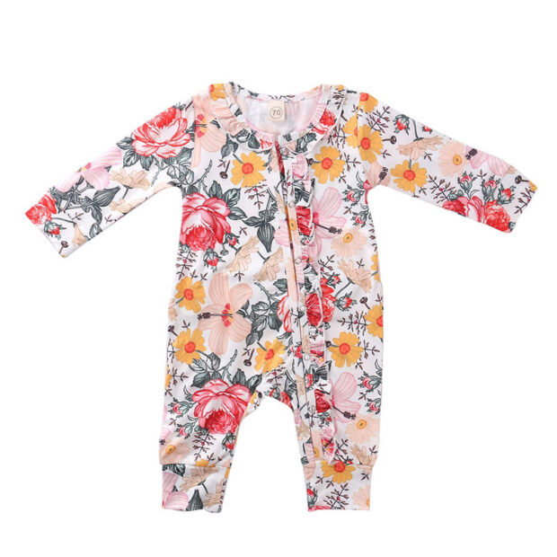 All-Over Flower Pattern Zipper Romper Long Sleeve