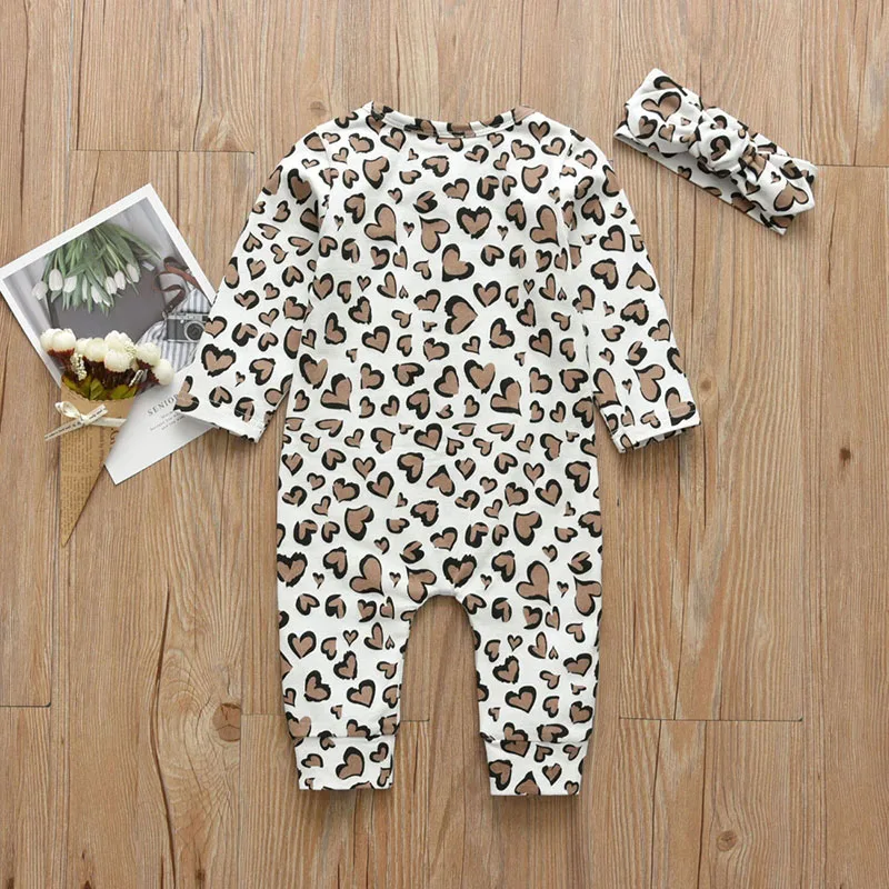 Baby Girl All-Over Hearts Pattern Jumpsuit Long Sleeve & Ribbon Headband - Image 2