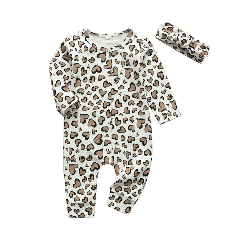 Baby Girl All-Over Hearts Pattern Jumpsuit Long Sleeve & Ribbon Headband