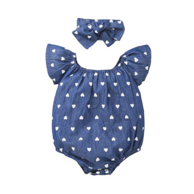 All Over Hearts Pattern Romper with Ribbon Headband Sleeveless