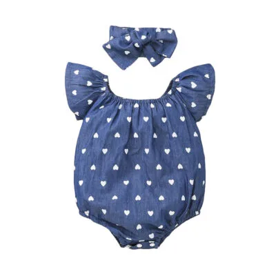 All Over Hearts Pattern Romper with Ribbon Headband Sleeveless