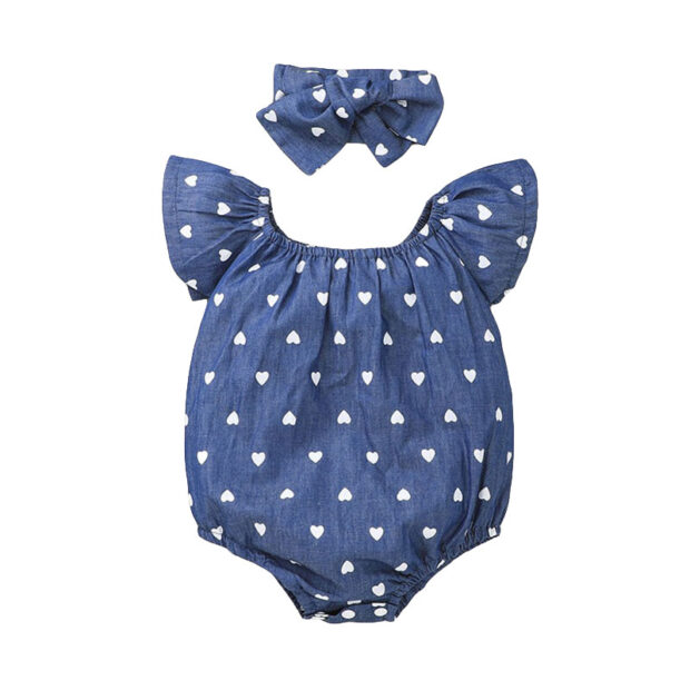 All Over Hearts Pattern Romper with Ribbon Headband Sleeveless