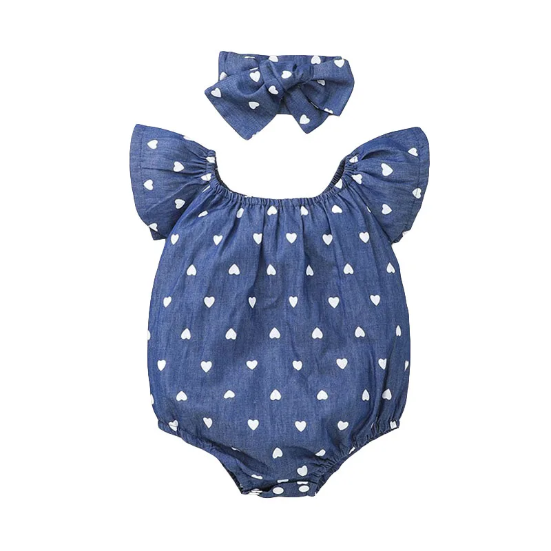 All Over Hearts Pattern Romper with Ribbon Headband Sleeveless