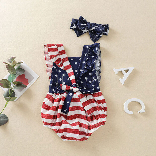 Sleeveless American Flag Open Back Romper with Star Star Pattern Headband - Image 2