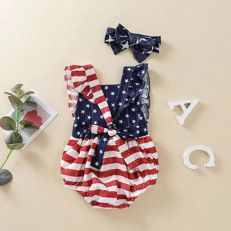 Sleeveless American Flag Open Back Romper with Star Star Pattern Headband - Image 2