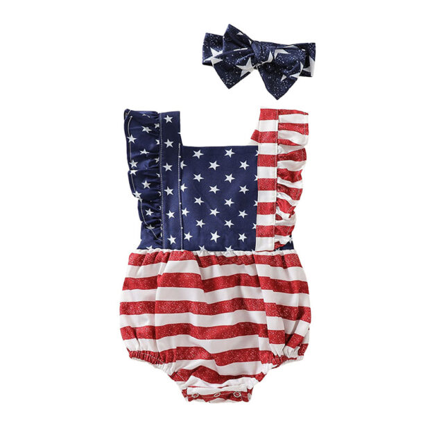 Sleeveless American Flag Open Back Romper with Star Star Pattern Headband