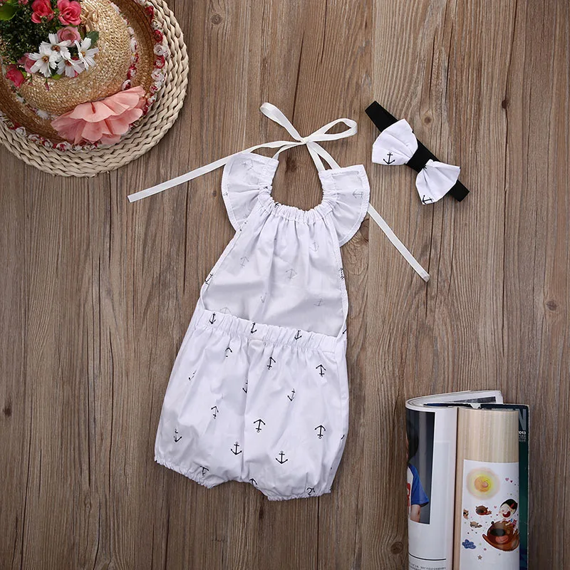 Anchor Print Sailing Bodysuit Romper Ribbon Headband - Image 3