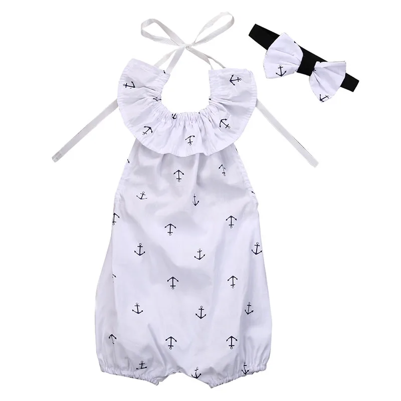 Anchor Print Sailing Bodysuit Romper Ribbon Headband