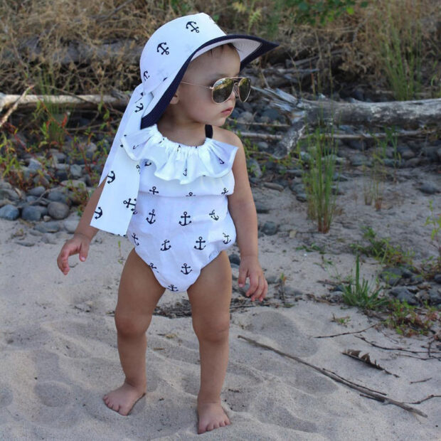 Anchor Print Sailing Bodysuit Romper Ribbon Headband - Image 8