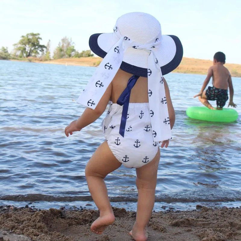 Anchor Print Sailing Bodysuit Romper Ribbon Headband - Image 9