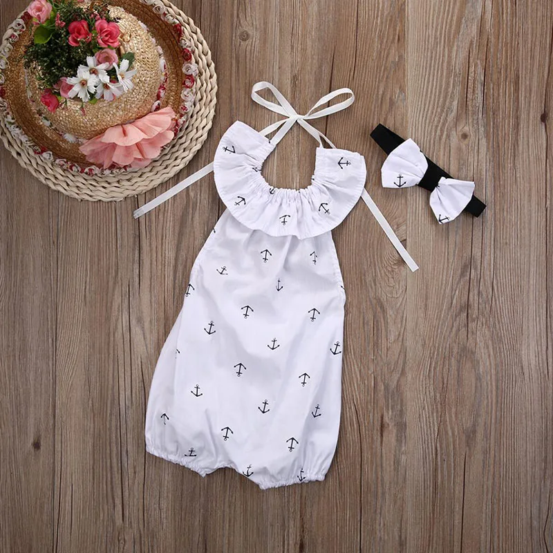 Anchor Print Sailing Bodysuit Romper Ribbon Headband - Image 2