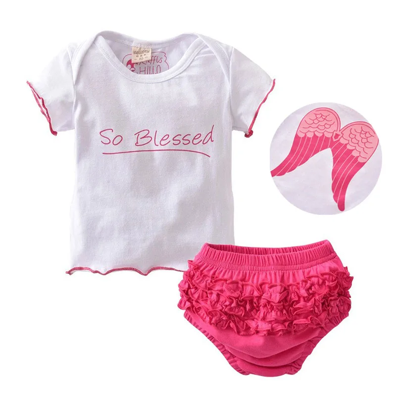Baby Girl's Angel Wing Shirt Short Sleeve Text Print and Ruffled Laced Short Dress