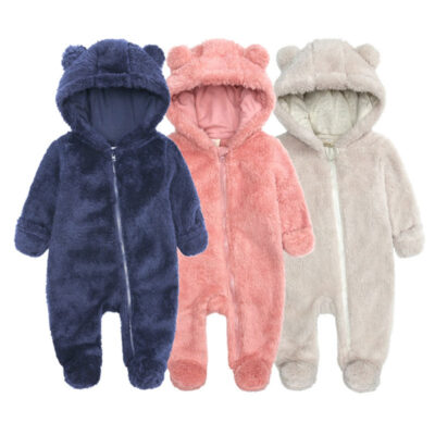 Animal Design Hoodie Footie Outerwear Fleece Zipper Romper Long Sleeve with Hand Cover