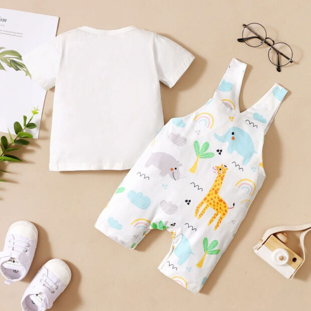 Baby Animal Design Overalls & Plain T-Shirt Outfit Short Sleeve