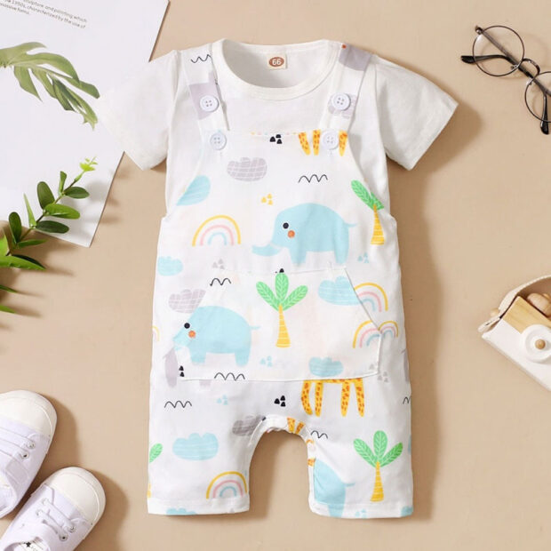 Animal Design Overalls with Plain T-Shirt Short Sleeve Outfit - Image 3