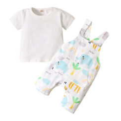 Baby Animal Design Overalls & Plain T-Shirt Outfit Short Sleeve