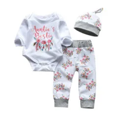 Baby Girl Auntie's Bestie Text Print Onesie, Floral Pants, Beanie Hat