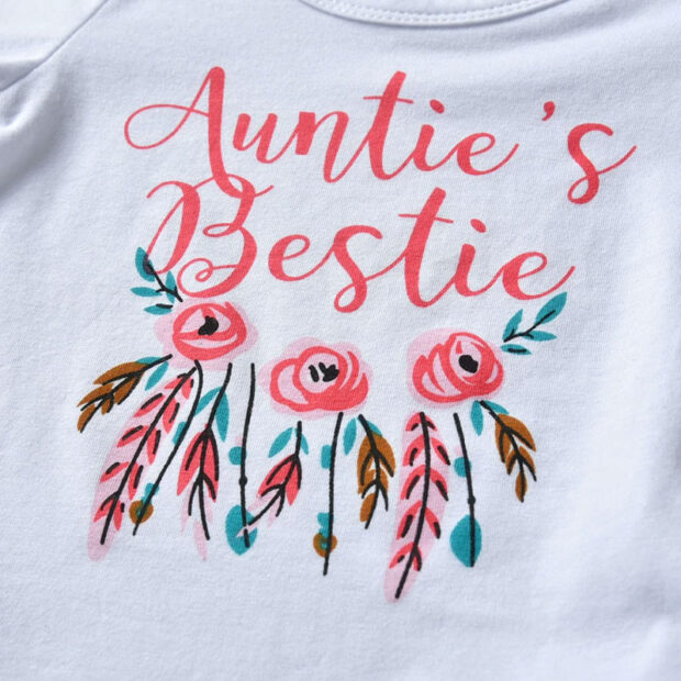 Baby Girl Auntie's Bestie Text Print Onesie, Floral Pants, Beanie Hat - Image 4