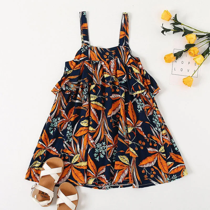Baby Girl Autumn Leaf Pattern Beachwear Sun Dress Sleeveless - Image 2