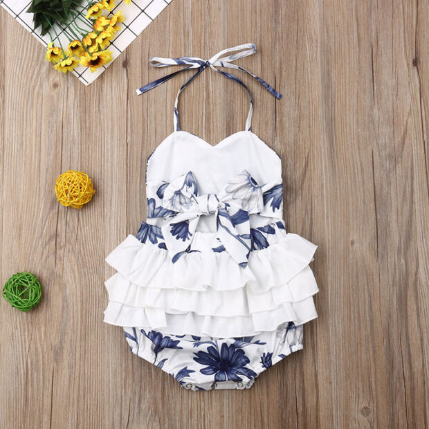 Open Back Blue Flower Pattern Halter Romper - Image 2
