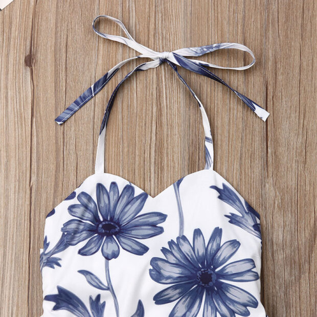 Open Back Blue Flower Pattern Halter Romper - Image 3