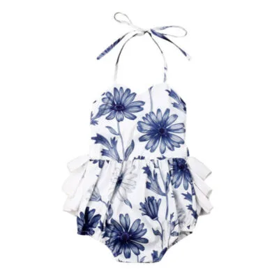 Open Back Blue Flower Pattern Halter Romper
