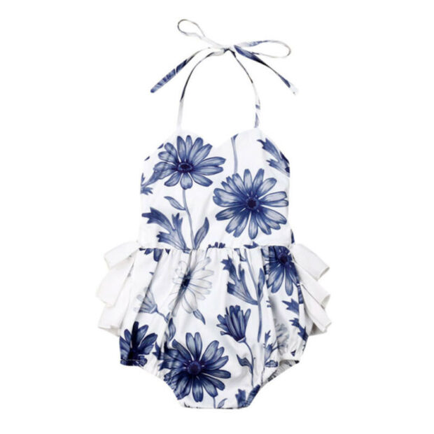 Open Back Blue Flower Pattern Halter Romper