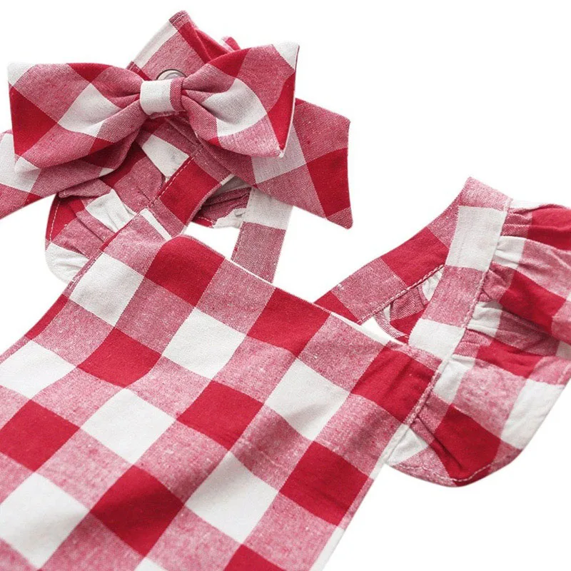 Baby Checkered Pattern Backless Overall Ribbon Onesie Bodysuit for Girls - Image 3