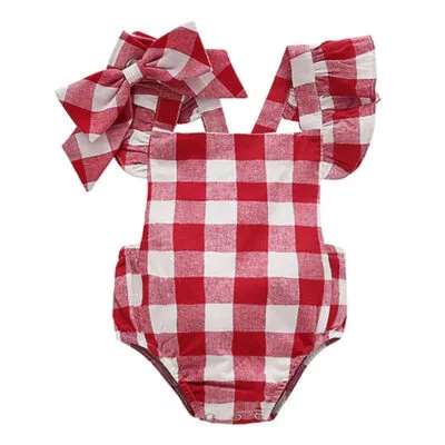 Baby Checkered Pattern Backless Overall Ribbon Onesie Bodysuit for Girls