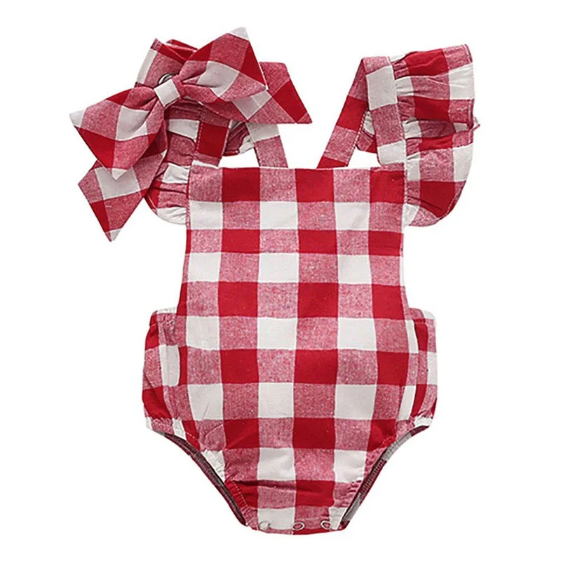 Baby Checkered Pattern Backless Overall Ribbon Onesie Bodysuit for Girls