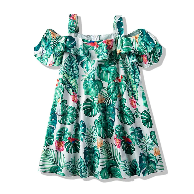 Toddler Girl Banana Leaf Pattern Off Shoulder Dress Sleeveless