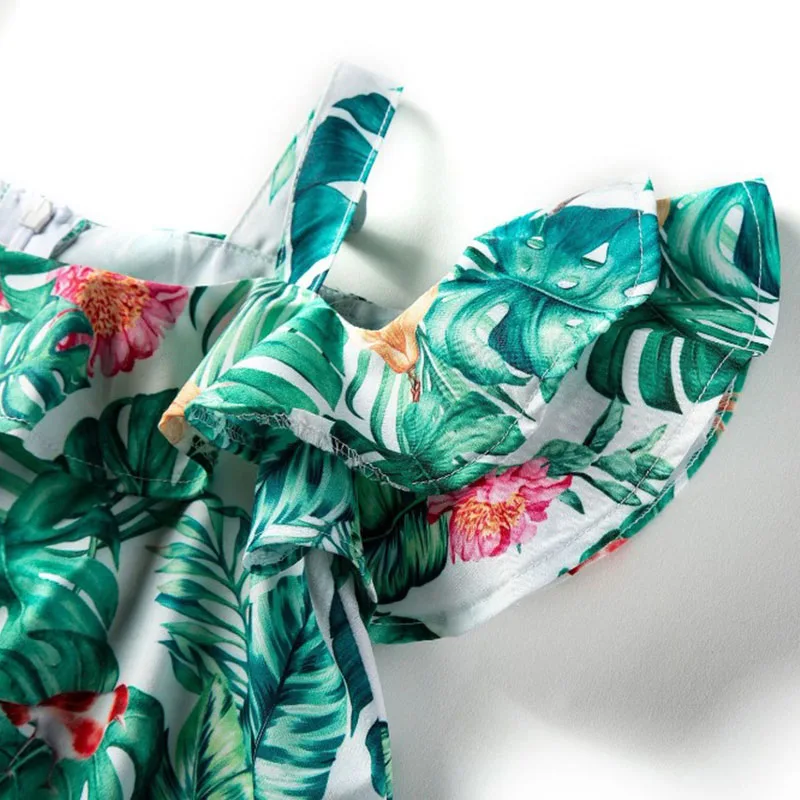 Toddler Girl Banana Leaf Pattern Off Shoulder Dress Sleeveless - Image 2