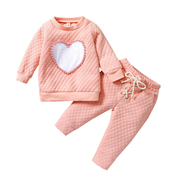 Beaded Heart Pattern Sweatshirt & Elastic Pants Long Sleeve Outfit