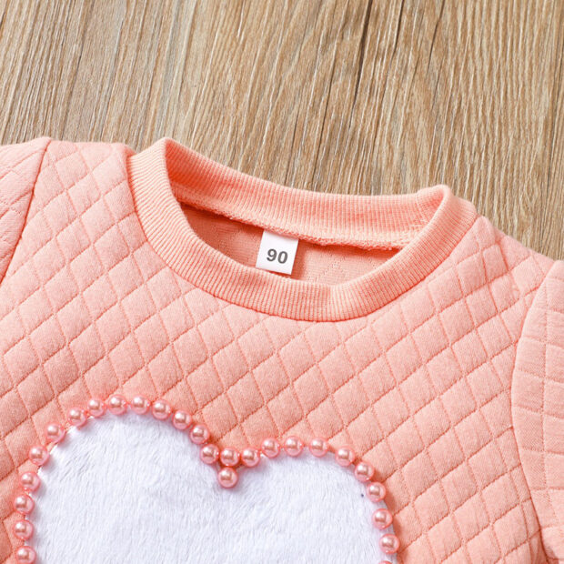 Beaded Heart Pattern Sweatshirt & Elastic Pants Long Sleeve Outfit - Image 3