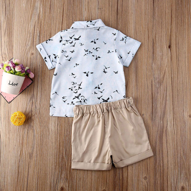 Baby Black Birds Print Button Shirt & Khaki Shorts Outfit