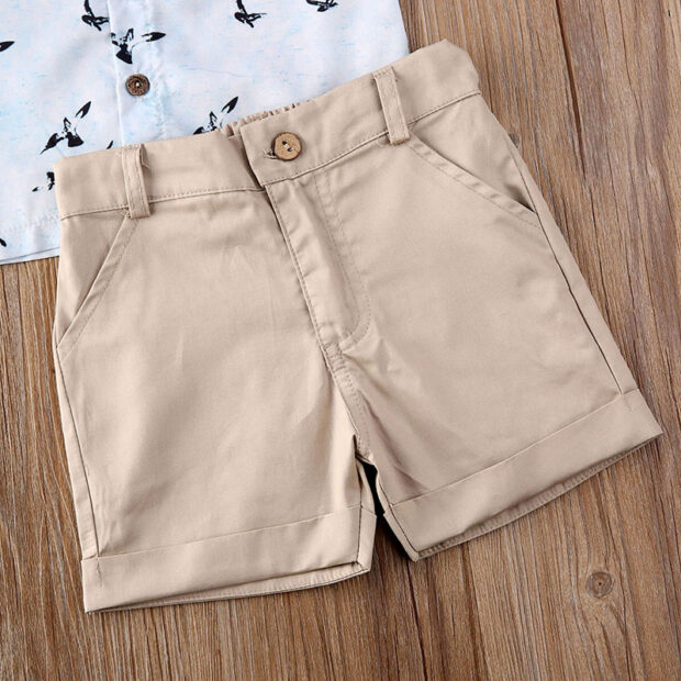 Baby Black Birds Print Button Shirt & Khaki Shorts Outfit