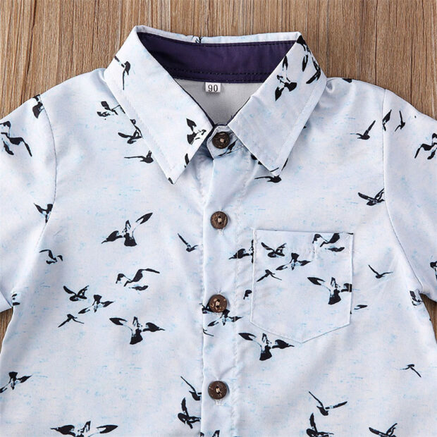 Baby Black Birds Print Button Shirt & Khaki Shorts Outfit