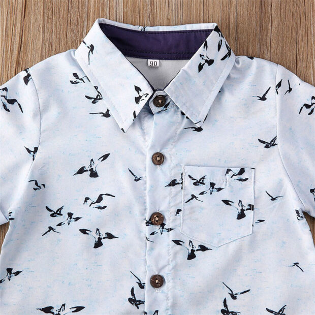 Black Birds Print Button Shirt & Khaki Shorts Short Sleeve Outfit - Image 3