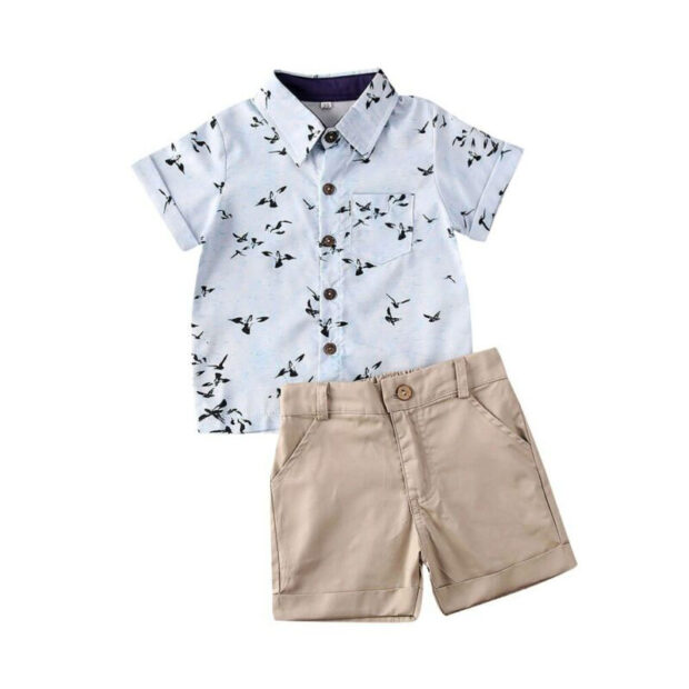 Baby Black Birds Print Button Shirt & Khaki Shorts Outfit