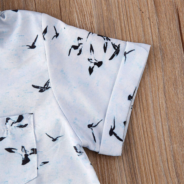 Black Birds Print Button Shirt & Khaki Shorts Short Sleeve Outfit - Image 4