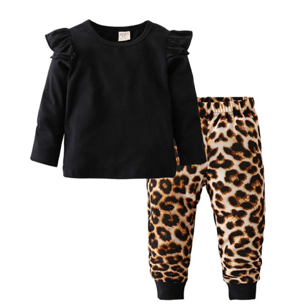 Black Color Pullover Top  & Leopard Pattern Elastic Pants Long Sleeve Outfit