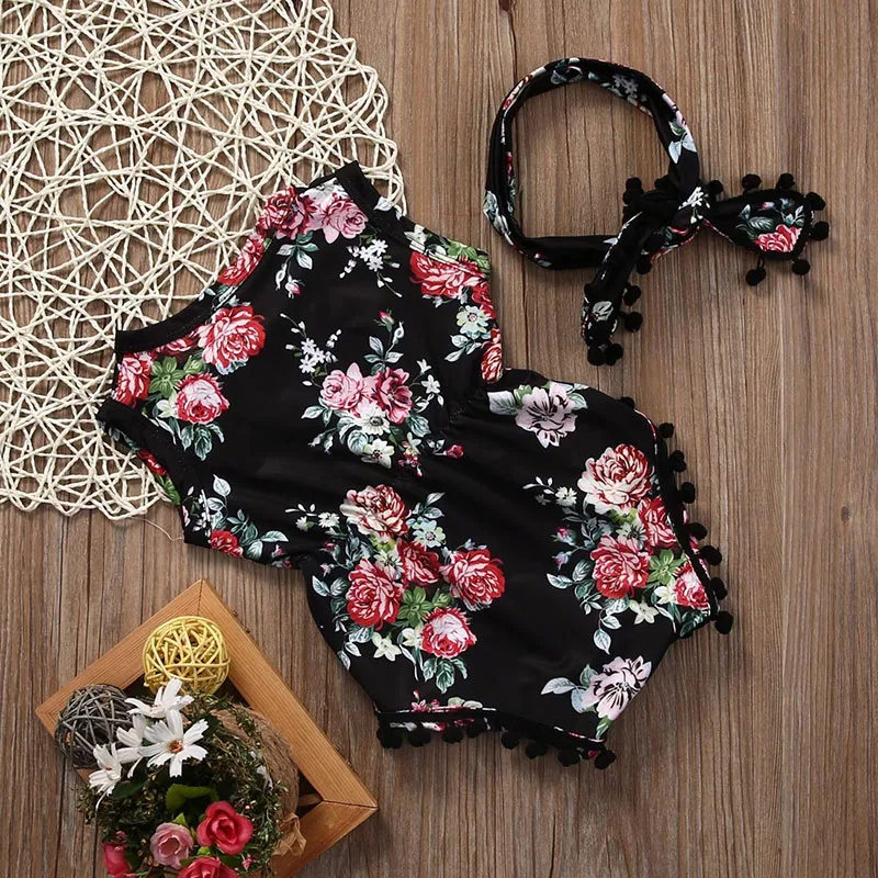 Black Floral 2-piece Bodysuit Designed with Roses & Bandana Head Piece - Image 3